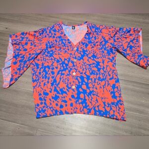 SHEIN Curve Blue and Orange Patterned Blouse Size 0XL Nwot